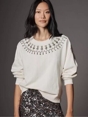 NWOT Anthropologie Maeve Embellished Crewneck Sweatshirt in White Cream XS